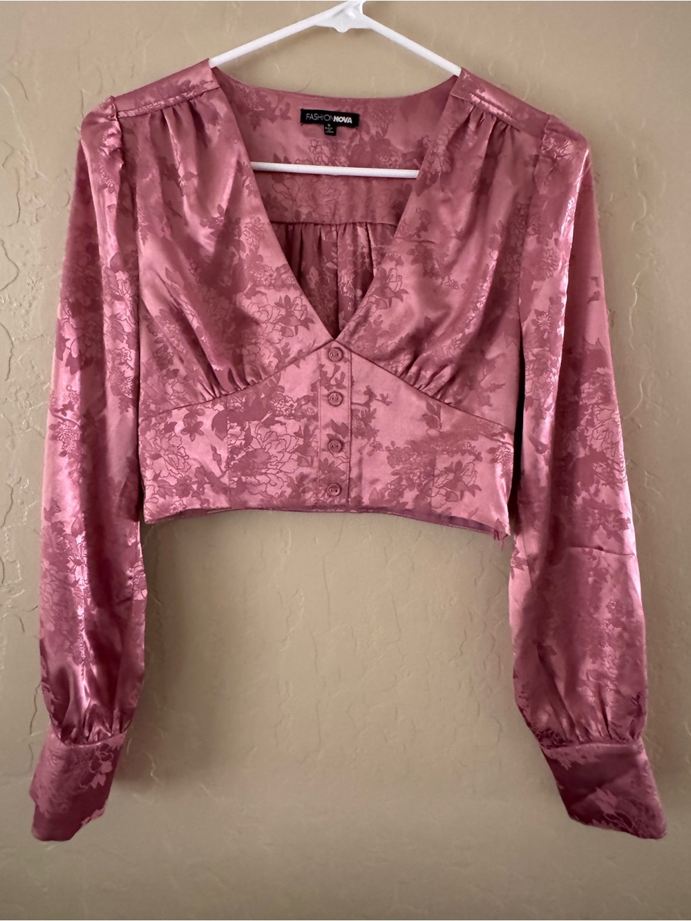 Fashion Nova Rose Satin Floral Cropped Button Blouse